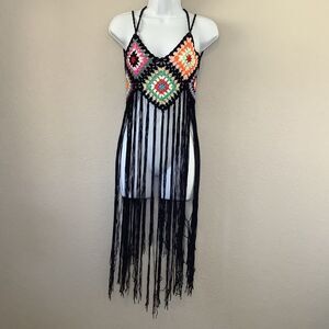 Y2K Black Crochet Knit Long Fringe Boho Hippie Rave Festival Babydoll Top OS